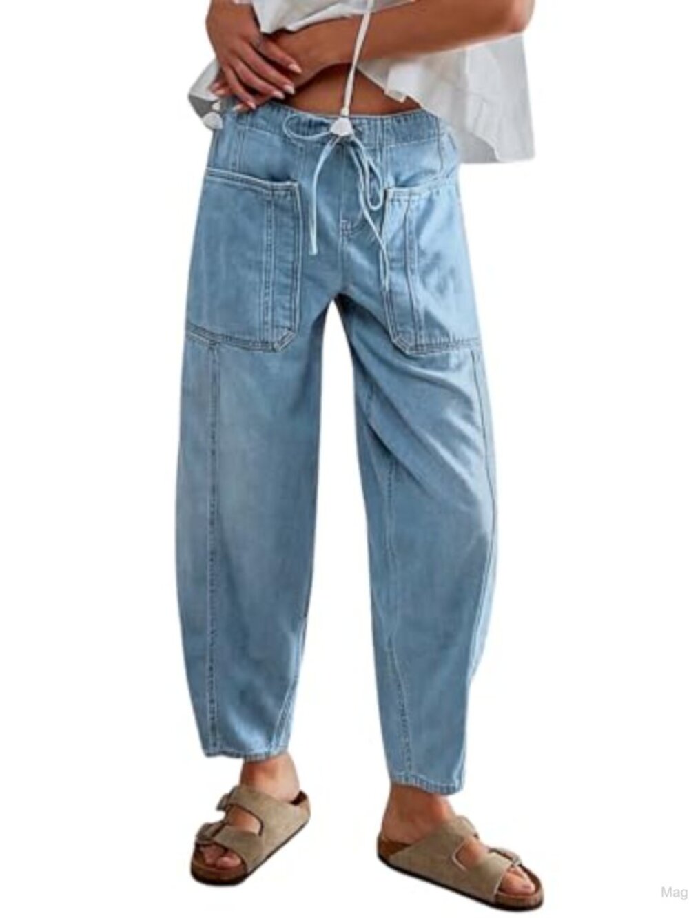 Women's Drawstring Barrel Jeans Elastic Waist Wide Leg Denim Pants